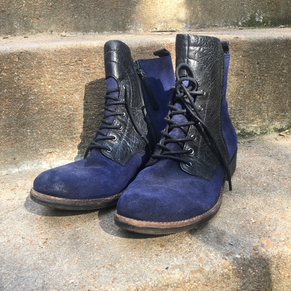 Navy blue leather ankle boots